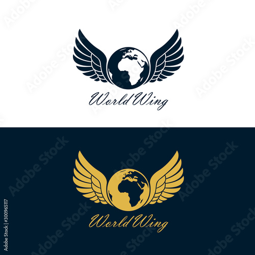 collection of earth planet globe icon with wings isolated on white and dark background