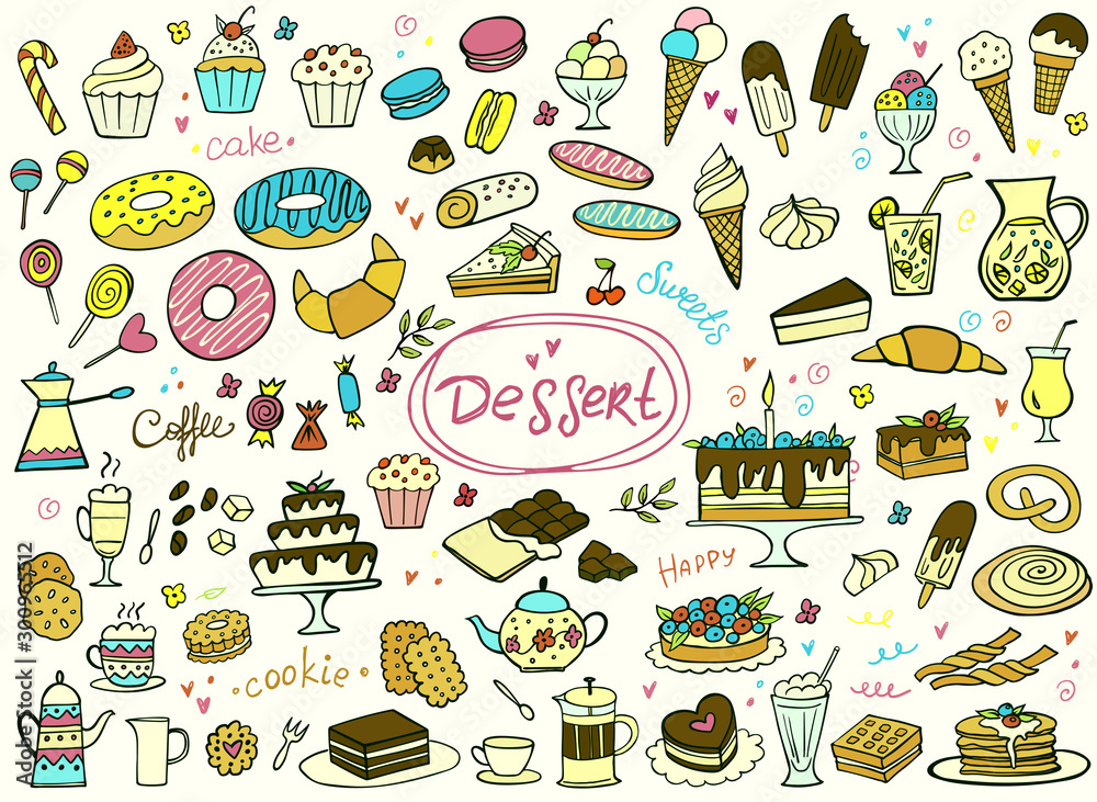 Set of colorful doodle sweets food on white. Vector illustration. Cakes, biscuits, baking, cookie, pastries, donut, ice cream, macaroons, coffee. Perfect for dessert menu or food package design. Set of colorful doodle sweets food on white. Vector illustration. Cakes, biscuits, baking, cookie, pastries, donut, ice cream, macaroons, coffee. Perfect for dessert menu or food package design.