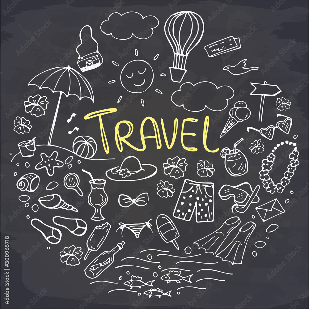 Set of summer doodles on chalkboard. Travel and vacation emblems and symbols. Vector illustration. Set of summer doodles on chalkboard. Travel and vacation emblems and symbols. Vector illustration.