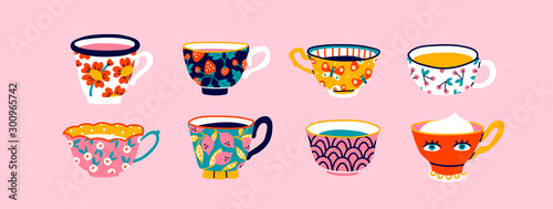 Set of various cups with tea or coffee. Side view. Different ornaments. Flowers, berries, etc Hand drawn colored trendy vector illustration. Cartoon style. Flat design. Isolated on a pink background