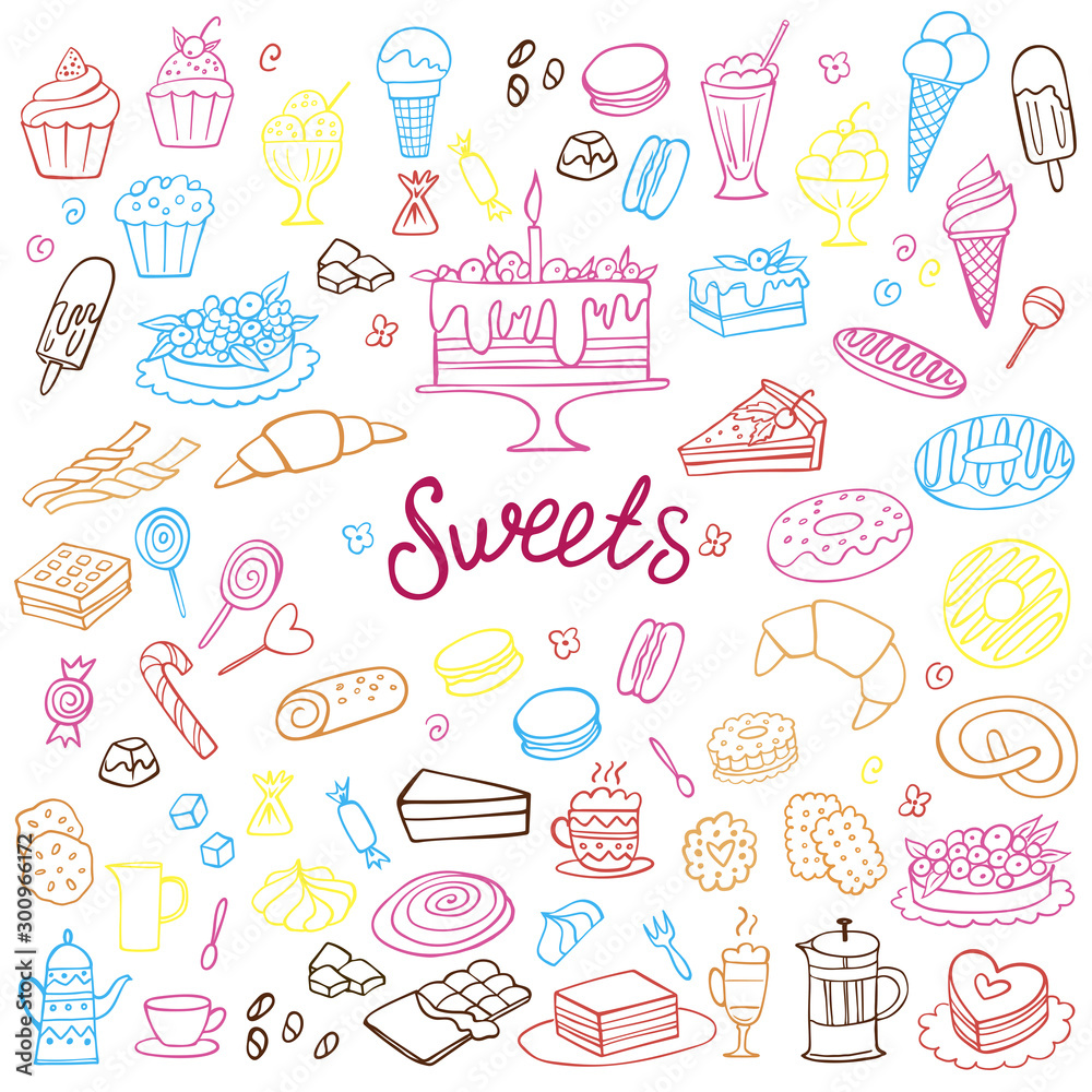 Set of colorful doodle sweets food on white. Vector illustration. Cakes, biscuits, baking, cookie, pastries, donut, ice cream, macaroons, coffee. Perfect for dessert menu or food package design.