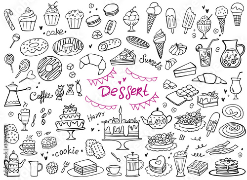 Fototapeta Set of doodle sweets food on white