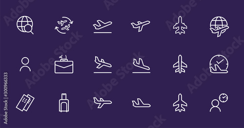 A simple set of airport related vector line icons. Contains badges such as departure, boarding, waiting time, boarding, find a place to travel tickets, and much more. Editable stroke. 48x48 pixels per