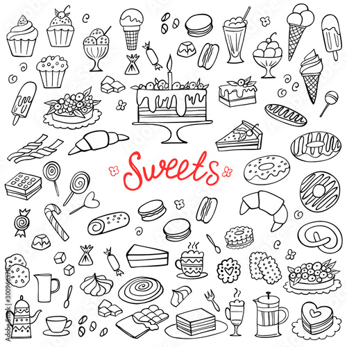 Set of doodle sweets food on white. Vector illustration. Cakes, biscuits, baking, cookie, pastries, donut, ice cream, macaroons, coffee. Perfect for dessert menu or food package design.