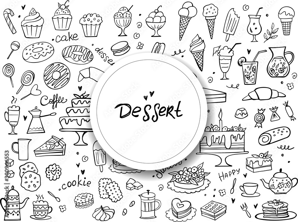 Set of doodle sweets food on white. Vector illustration. Cakes, biscuits, baking, cookie, pastries, donut, ice cream, macaroons, coffee. Perfect for dessert menu or food package design.