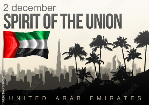 Anniversary banner UAE National flag. illustration 48 UAE National day, Spirit of the union, United Arab Emirates. Design Celebration Abu Dhabi 48 Independence day greeting card with city silhouette.