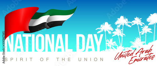 Anniversary banner UAE National flag. illustration 48 UAE National day, Spirit of the union, United Arab Emirates. Design Celebration Abu Dhabi 48 Independence day greeting card with city silhouette.