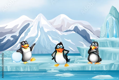 Scene with three penguins on ice