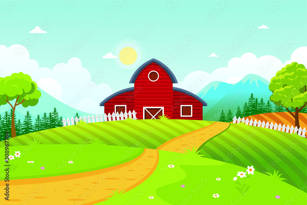 Fototapeta premium Farm Landscape Vector illustration. beautiful summer fields landscape with a shed – barn, dawn, green grass and hills, blue sky, in flat cartoon style