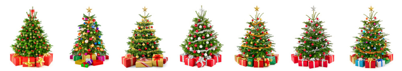 Set of 7 different gorgeous natural Christmas trees with ornaments and gift boxes, studio isolated on white background