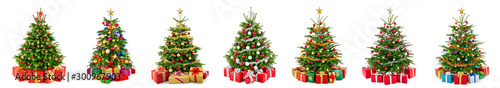 Set of 7 different gorgeous natural Christmas trees with ornaments and gift boxes, studio isolated on white background