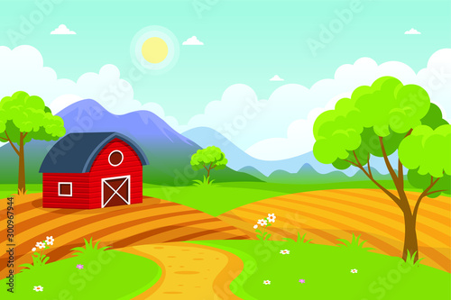 Farm Landscape Vector illustration. beautiful summer fields landscape with a shed – barn, dawn, green grass and hills, blue sky, in flat cartoon style