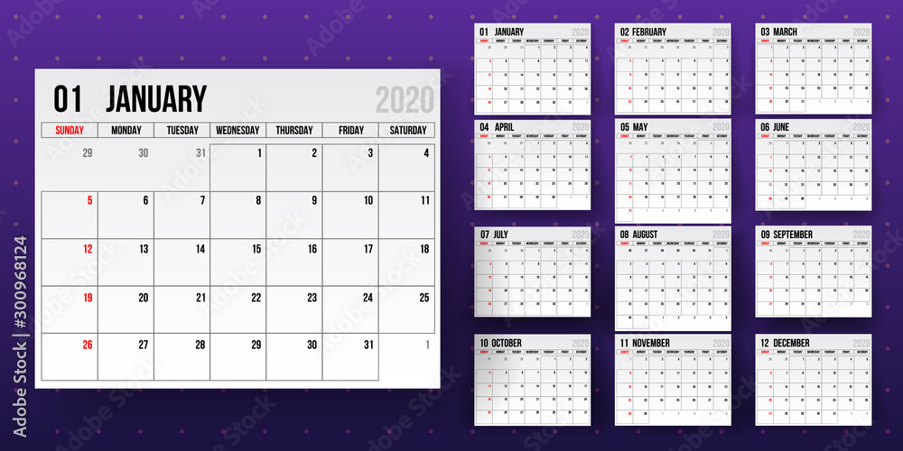 2020 calendar. calendar template on white background. Editable vector file available. English and sunday to monday version.Set of 12 Months. vector 2020 calendar. calendar template on white background. Editable vector file available. English and sunday to monday version.Set of 12 Months. vector