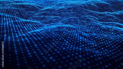 Technology wave of particles landscape beautiful wave shaped array of glowing dots abstract background with a lines dynamic wave big data