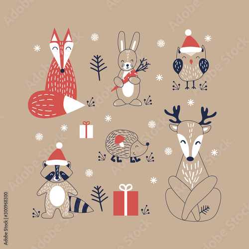 Cute cartoon woodland animals in scandinavian style. Christmas set of funny characters on kraft background. Flat vector illustration.