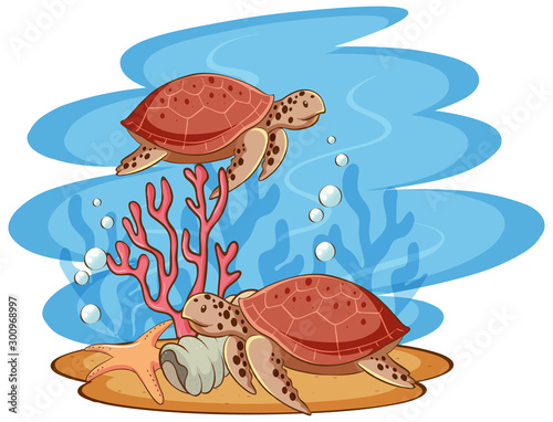 Scene with sea turtles swimming in the sea