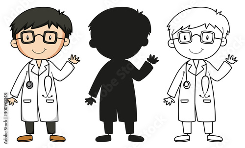 A set of characters in color, silhouette and outline