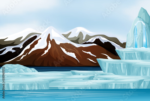 Scene with snow on the mountains