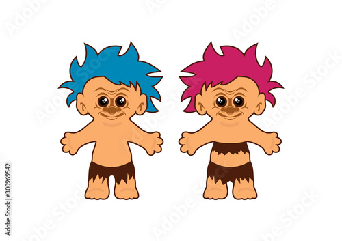 Hairy troll figures icon vector. Cute creatures with pink and blue hair icons. Man and woman troll cartoon on white background. Couple of trolls icon. Male and female trolls with colored hair