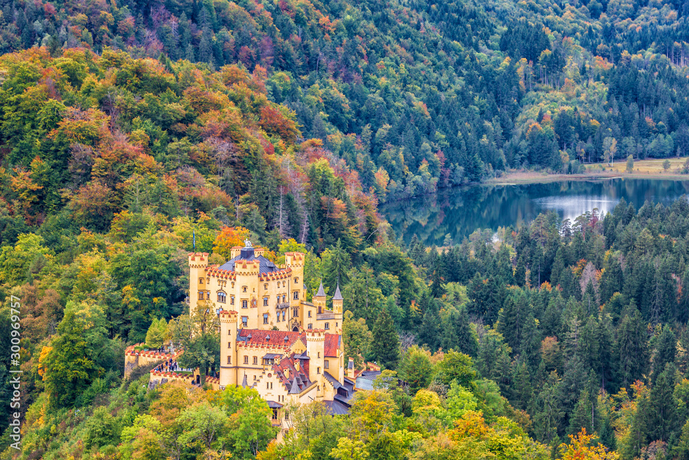 Hohenschwangau Castle surrounded by autumn forest.