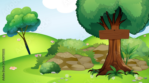 Background scene with wooden sign in the park