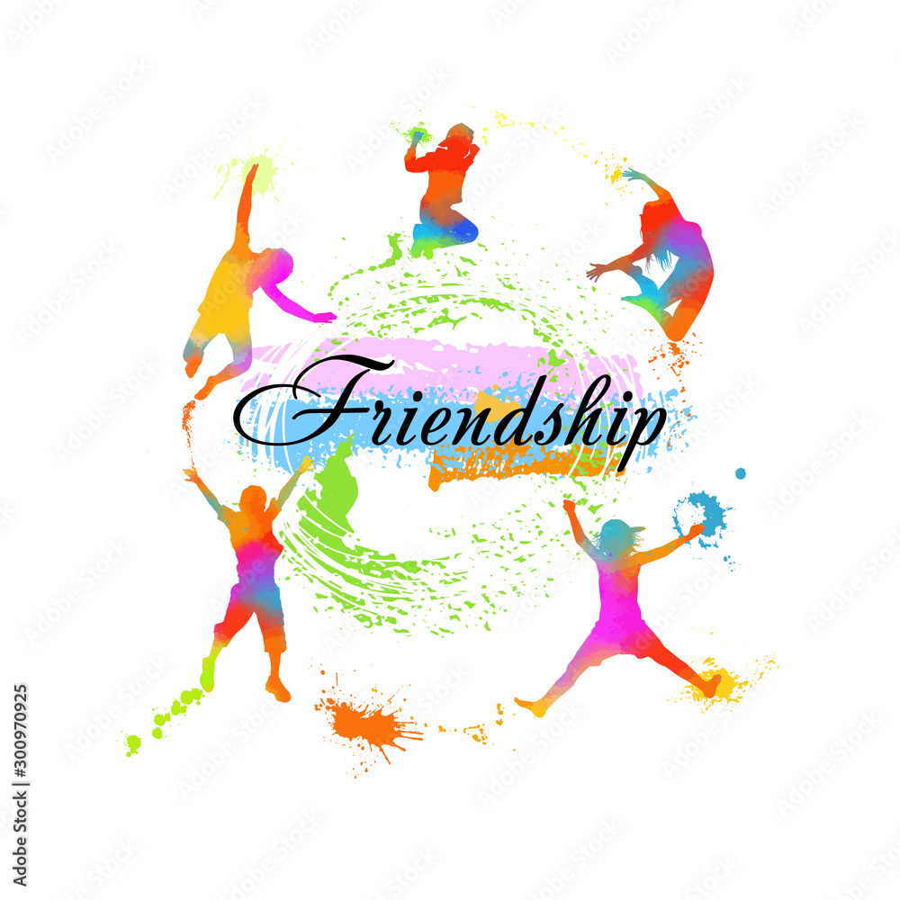 Silhouettes of jumping multicolored friends. Happy Friends Day. Usable as greeting cards, posters, clothing, t-shirt for your friends. Vector