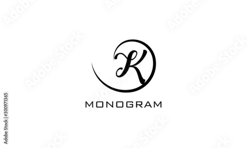 Monogram. Typographic logo with capital letter F. Icon lettering style with decorative swirl in black isolated on light background.