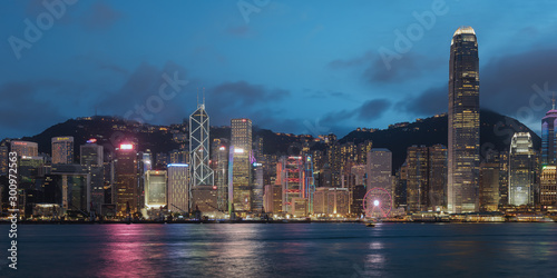 Victoria Harbour, Hong Kong. A view of the famous Hong Kong island Central business district from Kowloon across the Victoria harbour. 
