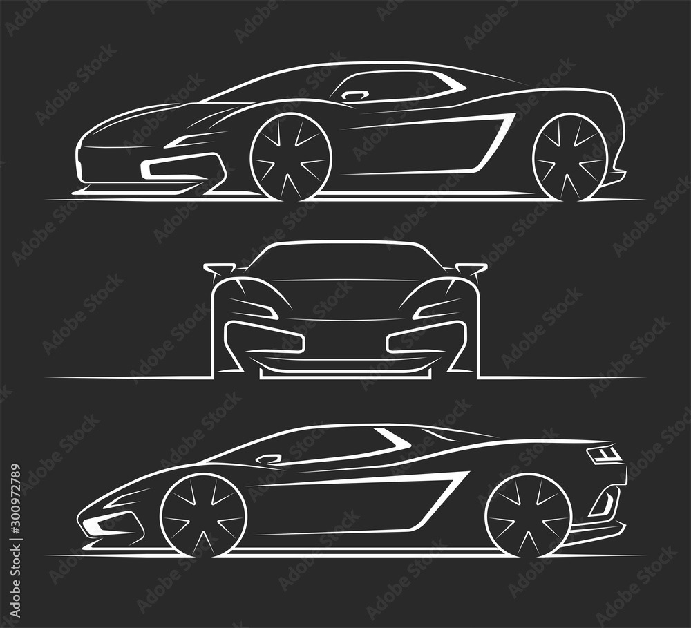 Fototapeta Sports car silhouettes, outlines, contours. Front, side, perspective view of sportscar. Can be used as a part of an emblem, label, icon, logo. Vector illustration