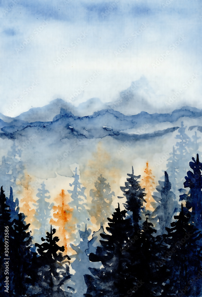 watercolor landscape with pine and fir trees and mountains abstract nature background