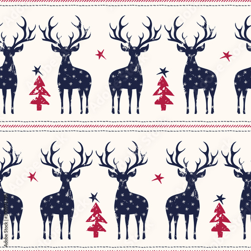 Winter Holidays Vector Seamless Pattern, Black Hand-Drawn Deer, Fir Trees, Horizontal Stitch Stripes on White Background