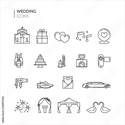 Set of outlined wedding icons. Eps 10 vector illustration. Line art wedding icons collection.