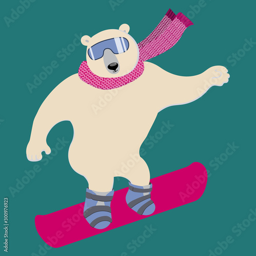 Polar bear glides on snow on the board. Сharming sporty and strong animal wears scarf and ski goggles, likes snowboarding.  Vector ilustration with character in flat style. Can be used as mascot