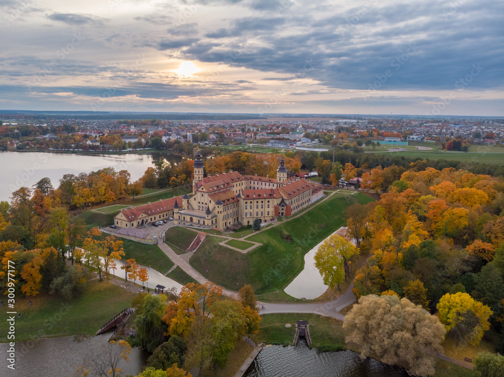 The sunset over the Nesvizh Palace. Drone aerial photo