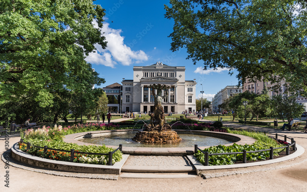 Nymph fountain and National Opera in Riga; Latvia