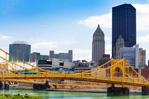 Pittsburg downtown and Roberto Clemente Bridge view