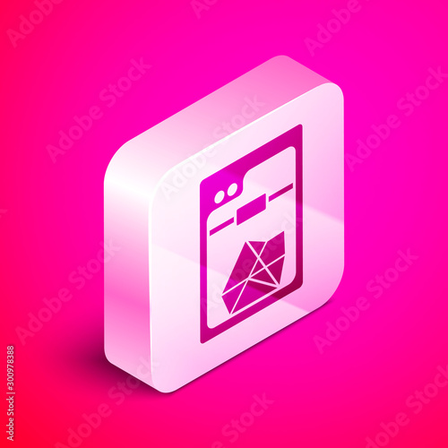 Isometric 3D printer icon isolated on pink background. Silver square button. Vector Illustration