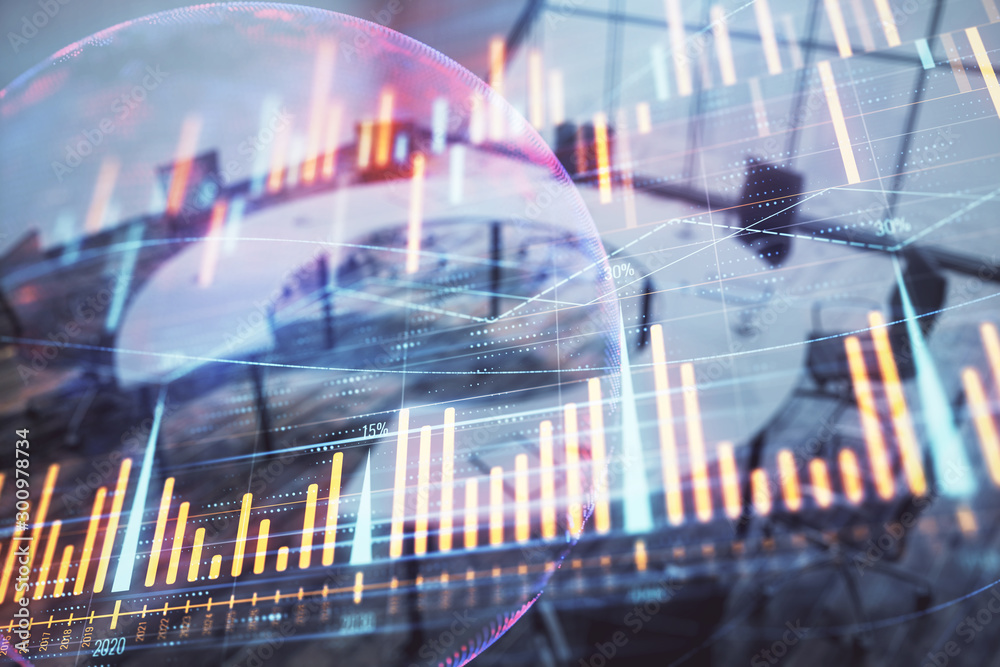 Double exposure of stock market graph with globe hologram on conference room background. Concept of international finance