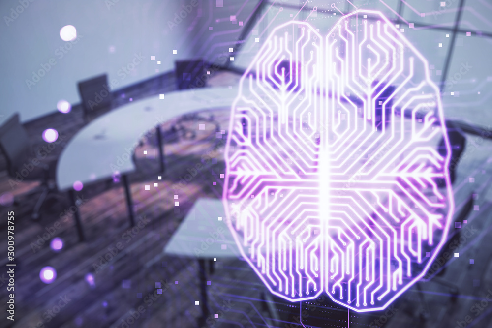 Obraz premium Double exposure of brain drawing hologram on conference room background. Concept of data analysis