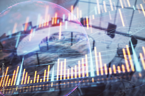 Double exposure of stock market graph with globe hologram on conference room background. Concept of international finance