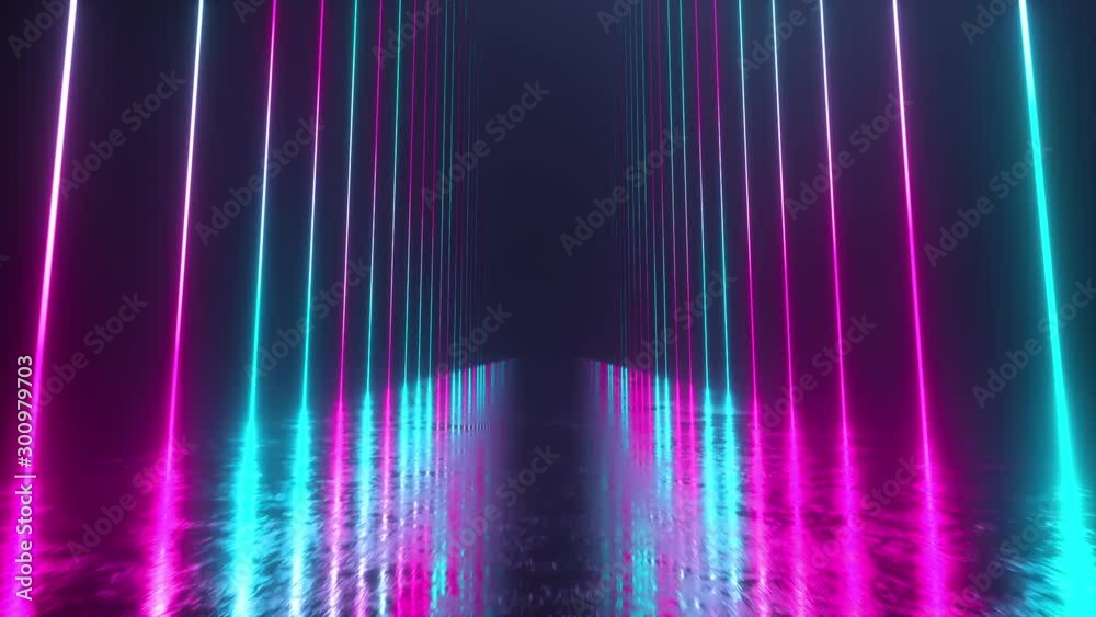 Endless corridor with neon lines tending up. Metal reflective scratched floor. Seamless loop 3d render. Modern colorful neon light spectrum
