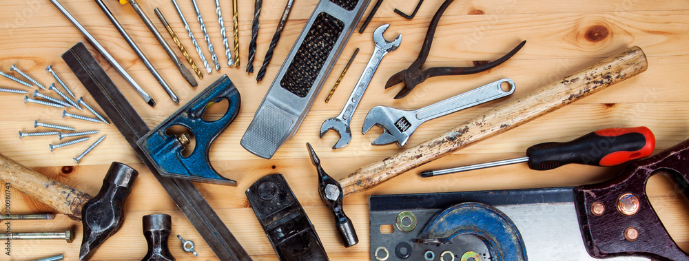 DIY woodwork tools - panorama / banner for working, making stuff, & home  improvement concepts. Stock Photo | Adobe Stock