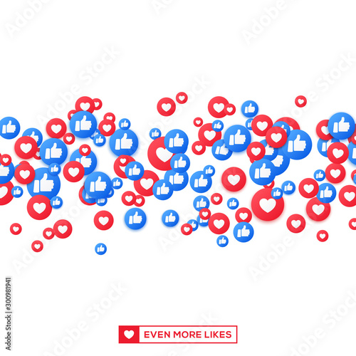 Bunch of like and appreciate emoji background, thumb up stream social network template. Heart and thump up icons for love and respect. Vector like media background in 3d realistic style.