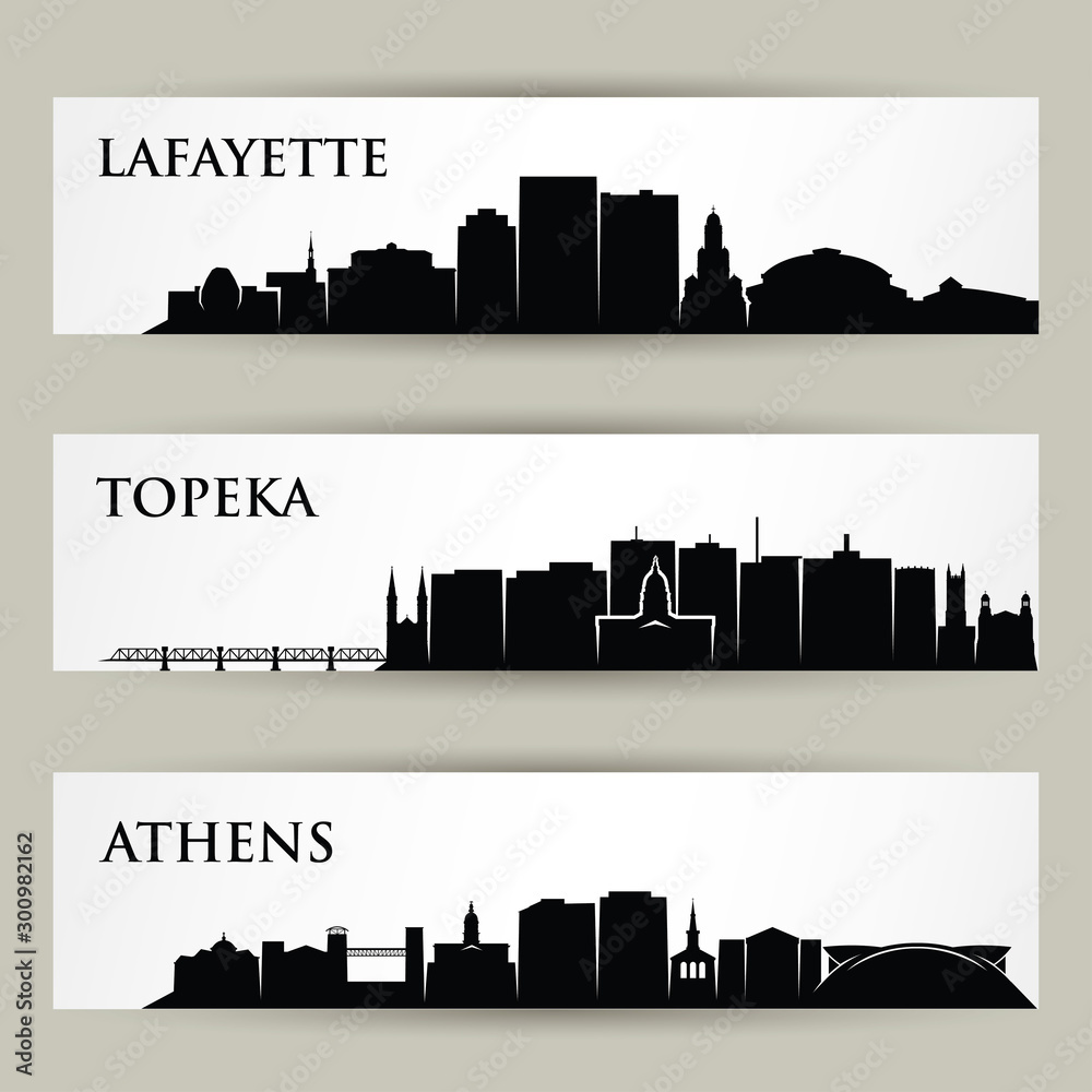 United States of America cities skylines - Lafayette, Louisiana, Topeka, Kansas, Athens, Georgia - isolated vector illustration