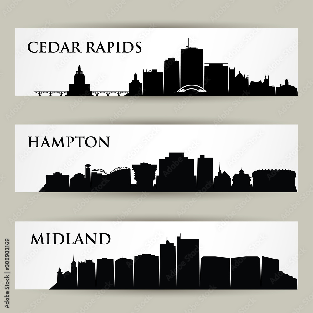 United States of America cities skylines - Cedar Rapids, Iowa, Hampton, Virginia, Midland, Texas - isolated vector illustration