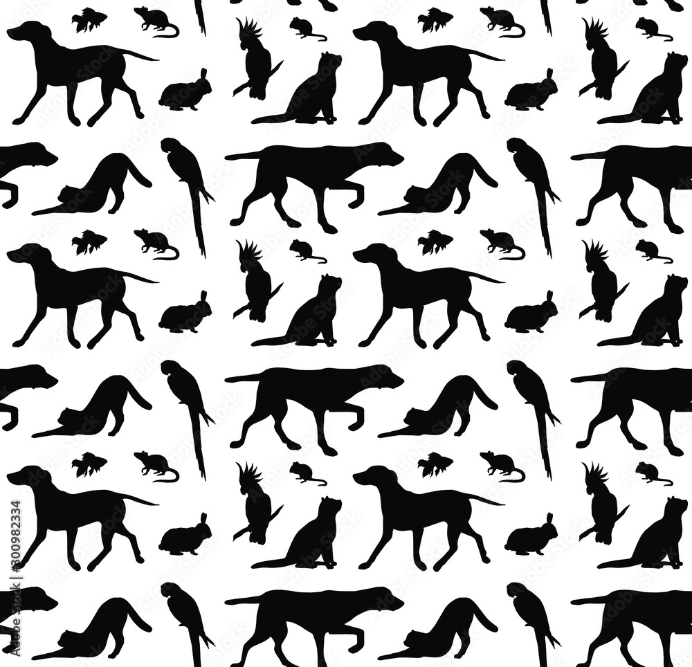 Vector seamless pattern of black different pets silhouette isolated on white background