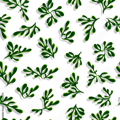 Seamless Christmas pattern with spruce branches, pine twigs, christmas tree isolated on white background. Template for paper, texture, fabric, wrap, packaging. New Year collection. Vector EPS 10