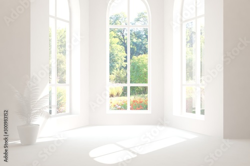 Stylish empty room in white color with summer landscape in window. Scandinavian interior design. 3D illustration © AntonSh