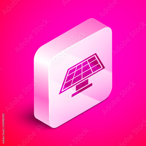 Isometric Solar energy panel icon isolated on pink background. Silver square button. Vector Illustration