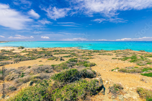 abandoned beach from savannah with bushes, rocks on coast, beautiful turquoise sea , deep blue sky with clouds and mountains on background, Mediterranean landscape